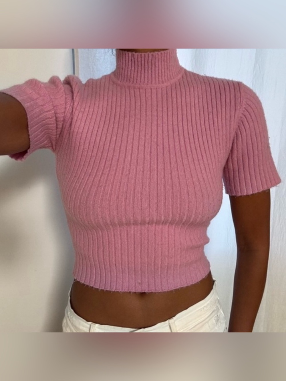 STAUD Medium Crop Top Sweater Knit Pink Ribbed Open Back Short Sleeve Luxury Top